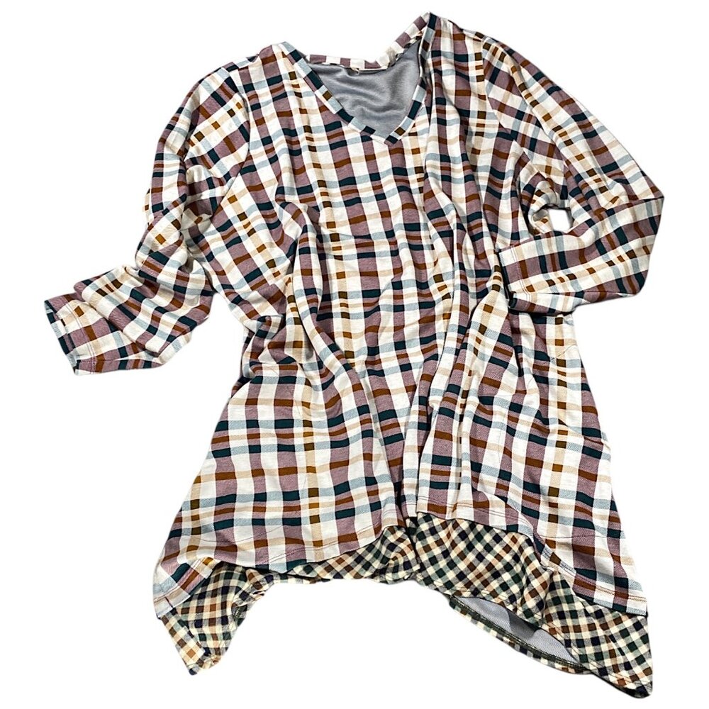 LOGO Lori Goldstein Top Womens 3X Tunic Plaid Tartan V-Neck Lagenlook Artsy